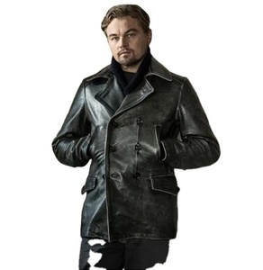 Men's Genuine Leather Trench Coat <b>Black</b> Sheep Skin Canvas Waterproof Windproof Winter Jacket - Product Image 1