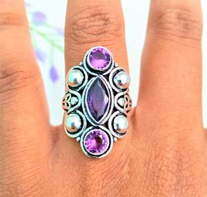 925 Sterling Silver Oval Cut Bezel Setting Amethyst Ring Unique Boho Style Gemstone Jewelry for Wedding and Party - Product Image 5
