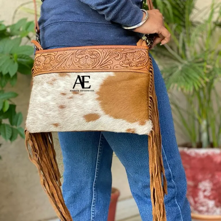 Mode Handwerk Haar Op Huid Bont Lederen Franje Handtas Stijlvolle Vrouwen Gesneden Tooling Lederen Schoudertas Crossbody Tas