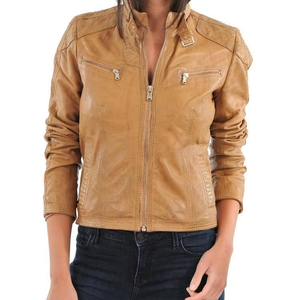 Chaqueta de cuero para mujer de alta calidad Camel Brown Cuero genuino Transpirable Otoño Invierno Suministro OEM - Product Image 1