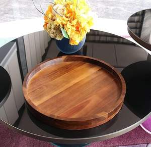 Plateau de service rond en bois d'acacia de 13,8 pouces, planche à charcuterie avec rebord, centre de table décoratif pour table basse ottoman, usage domestique - Product Image 3
