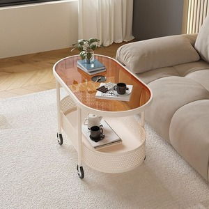 Table basse moderne, table de chevet, cadre en métal, pieds en métal, plateau en bois/verre, étagères peintes, roulettes en caoutchouc, meubles de maison - Product Image 2