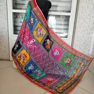 Baru buatan tangan mewah cermin bordir kerja Pakistan sutra Dupattas Bohemian bordir tangan Dupattas warna-warni untuk pakaian wanita