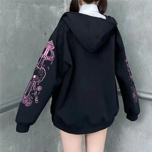 Versión coreana 2025 nueva ropa de calle con cremallera manga Rosa estampado sudaderas con capucha compras Casual Color negro sólido suave y cálido Simple Y2K - Product Image 3