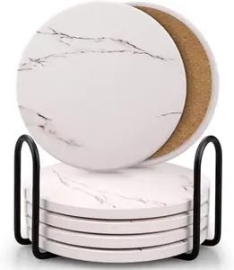Hấp thụ Gốm Đá Coaster Set với kim loại chủ đứng nút chai cơ sở bề mặt đá cẩm thạch mô hình ly nơi Mat cho trang trí nội thất Trắng