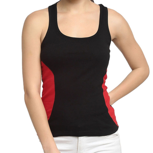 Women's Black Red Solid O-<b>Neck</b> Sporty Knitted Breathable Spandex/Cotton Short Sleeveless Tank Top - Product Image 1