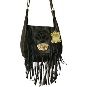 HMB-2300D Women's Vintage Saddle Shape <b>Small</b> Shoulder <b>Bag</b> Rose Model Flower Pouch Fringes Leather Cotton Lining <b>Travel</b> - Product Image 6