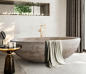 Vasca da Bagno Ovale in Travertino PerfectStone, Vasca Freestanding Solida per Bagno Residenziale Moderno - Product Image 3