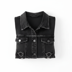 เสื้อกั๊กยีนส์สีดำสไตล์โกธิคสำหรับผู้หญิงแบบ OEM สั่งทำพิเศษ ไม่มีแขน แต่งห่วงโลหะ สตรีทแวร์ ทรงเข้ารูป สั้นแบบครอป - Product Image 5