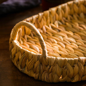 Natural vintage serving tray rustic decorative handbraided water hyacinth handwoven <b>bed</b> table trays - Product Image 5