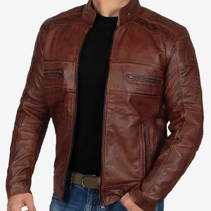 <b>Man's</b> Stylish <b>Brown</b> Leather Jacket Collar Style <b>Shirt</b> and Cuffs Style Open Hem Fully Customized Leather - Product Image 2