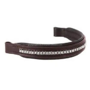 Banda de ceja de caballo de cuero suave y cómoda acolchada marrón de forma recta con cadena de cristales Mega Bling de marca decorativa de 1 fila - Product Image 4