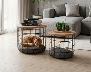 Ensemble de tables basses en fil métallique, style industriel moderne, durable et facile à nettoyer, avec plateau en bois et design nid pour chat, pour salon - Product Image 3