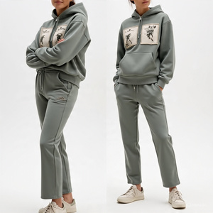 Ensemble 2 pièces personnalisé sweat-shirt pour femme avec patch de broderie vieilli sweat-shirt à capuche et pantalon de survêtement zippés ensemble survêtement pour femmes - Product Image 4