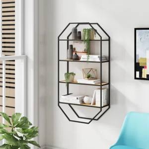 Classic Tall Hexagon Iron Frame Wall Shelf Wooden Racks for Bathroom Living Room Garage for Decorative Items Display Plants - Product Image 2
