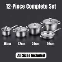 Ensemble de cuisine complet en acier inoxydable 12 pièces, ensemble de casseroles et poêles antiadhésives multicouches, couvercle en verre, compatible induction et gaz, antirouille