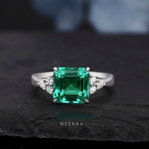 8*8 mm Square Emerald Cut Lab Grown Emerald 10K Solid Gold Ring Emerald Handmade Gold Ring with Metal Tone/Purity Change Options - Product Image 1