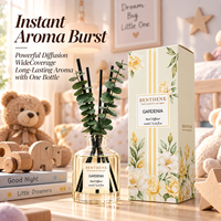 Ensemble diffuseur à bâtonnets quatre couleurs (jaune, violet, ambre, vert), bouteille en verre transparent avec bouchon noir et bâtonnets diffuseurs, vente en gros sous marque privée