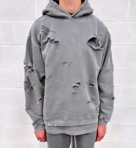 High Quality 500 GSM Hoodie Acid Wash Distressed Patch Patchwork Embroidery Unisex Hoodie - Product Image 1