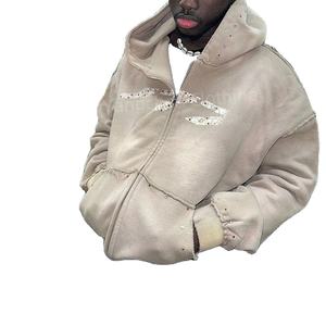 Respirant personnalisé hommes hiver soleil délavé coton polaire à capuche haute qualité lavage à l'acide fermeture éclair en détresse Vintage 3D brodé - Product Image 1