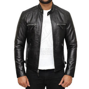 แจ็กเก็ตหนังวัวสำหรับผู้ชายปกตั้งและโลโก้ด้านหน้ากันลม - Product Image 1