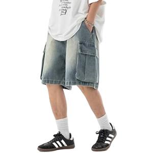 กางเกงขาสั้นผ้ายีนส์สำหรับผู้ชายกางเกงขาสั้นกางเกงยีนส์ทรงตรงเอวปานกลางฟอกสีแฟชั่นสตรีท - Product Image 1