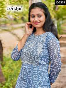 Nuevo trabajo impreso de lujo de alta calidad Evergreen Georgette seda Kurtis túnicas doble capa volante cuello patrón de talla grande disponible - Product Image 5