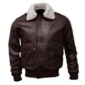 Chaqueta de cuero de bombardero para hombre, abrigo de cuero negro y marrón para hombre con abrigo largo de cuello de piel real para chaquetas unisex - Product Image 4