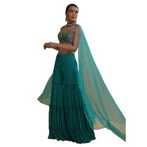 Top corto verde azulado Sharara Set con Net Dupatta para fiesta de recepción de boda Indo Western Festive Indian Ocasion Wear - Product Image 2