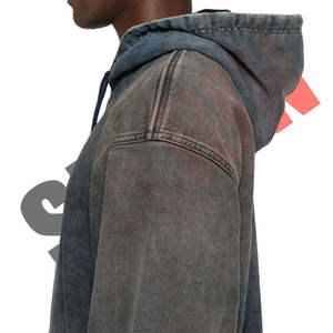 Quantité minimale de commande bas fabriqué en usine sur mesure unisexe Track denim pull à capuche mélange de coton finition en détresse cordon capuche goutte épaule - Product Image 4