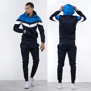Conjunto deportivo para hombre, azul marino, azul cielo, blanco, con bloques de color en chevron, chaqueta con capucha y cremallera completa y pantalones jogger con puños, ropa deportiva. - Product Image 4