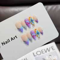 Faux ongles à presser en amande faits à la main A758, motif papillon 3D et fleur, couverture complète pour application sur les doigts