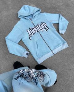 ชุดเซ็ตเสื้อฮู้ดซิปและกางเกงจ็อกเกอร์ทรงบาน ผ้าคอตตอนหนานุ่ม ล้างสีแบบแอซิดวอช สไตล์สตรีทแวร์ พิมพ์ลายฤดูหนาว ผลิตตามแบบ OEM สำหรับทุกเพศ - Product Image 5