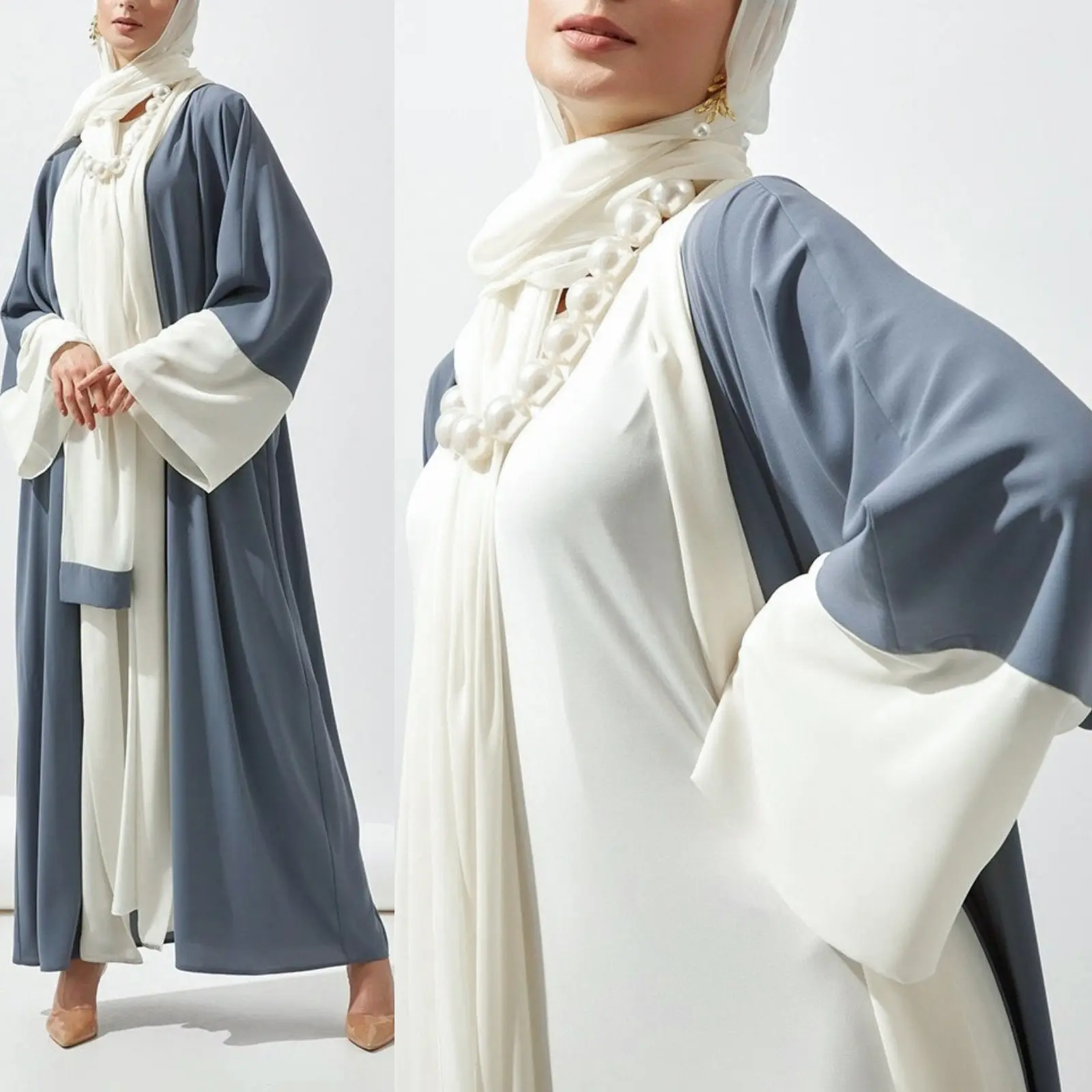 AM042 muslim ladies luxury Dubai abaya robe with scarf free size customized logo chiffon Muslim robe wholesale low moq skirt