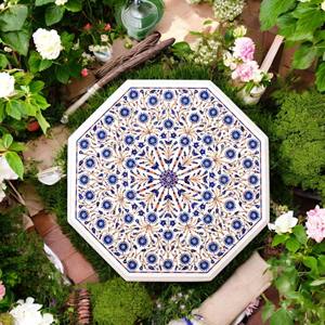 Table basse octogonale en marbre avec incrustation de nacre de luxe, plateau de table en marbre blanc artisanal avec incrustation florale - Product Image 2