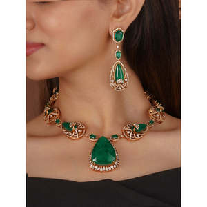 Green Color 18K Gold Plated AAA+ Korean CZ Faux Diamond Necklace Set for Bridal or Gift Occasions-CZSET396GR - Product Image 3