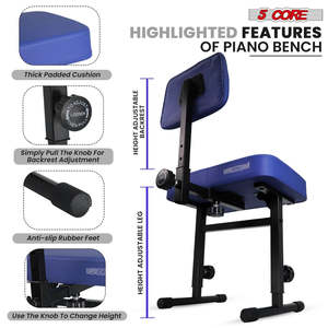 5 Core Piano Bench 3 <b>Padded</b> Cushioned Stool w Backrest Heavy Duty Musician <b>Chair</b> Height Adjustable - Product Image 4