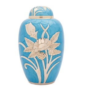 Urna conmemorativa de cremación 2025, diseño antiguo moderno con estampado de flores, urnas funerarias de Color azul y dorado para cenizas humanas adultas - Product Image 1