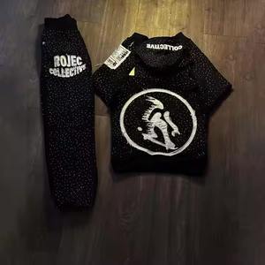 Personalizado de los hombres de peso pesado desgastado bordado Vintage ácido lavado pantalones de chándal con capucha conjunto de ropa de calle chándales de diamantes de imitación - Product Image 4