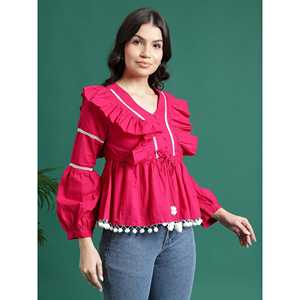 Hauts à volants pour femmes, col en V rose, style vintage, en popeline brodée, tricotés, tailles XS à XL, pour le printemps et l'automne - Product Image 4