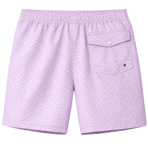 Shorts de bain recyclés pour hommes, motif abstrait de labyrinthe lilas, séchage rapide, avec taille élastique et poches à cordon - Product Image 2