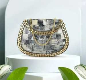 Eco Material Women's Metal clutch Bag Purse With MOP Inlays Silver Stud & Chain Straps Also Handbag Clutch Bag For Parties Girls - Product Image 3