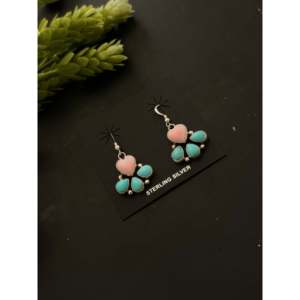 Boucles d'oreilles pendantes Navajo multicolores en pierres et turquoise, saphir en forme de cœur, plaqué or 18 carats, argent sterling - Product Image 4