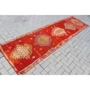 Alfombra Turca Vintage de 2.8x10.6 pies, Alfombra de Pasillo, Alfombra Persa de Lana Roja Anaranjada - Product Image 2