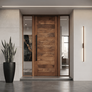 Puerta de entrada interior de madera de ingeniería con marco sólido de Merbau, listones horizontales, puerta principal exterior/interior con manija larga negra. - Product Image 6