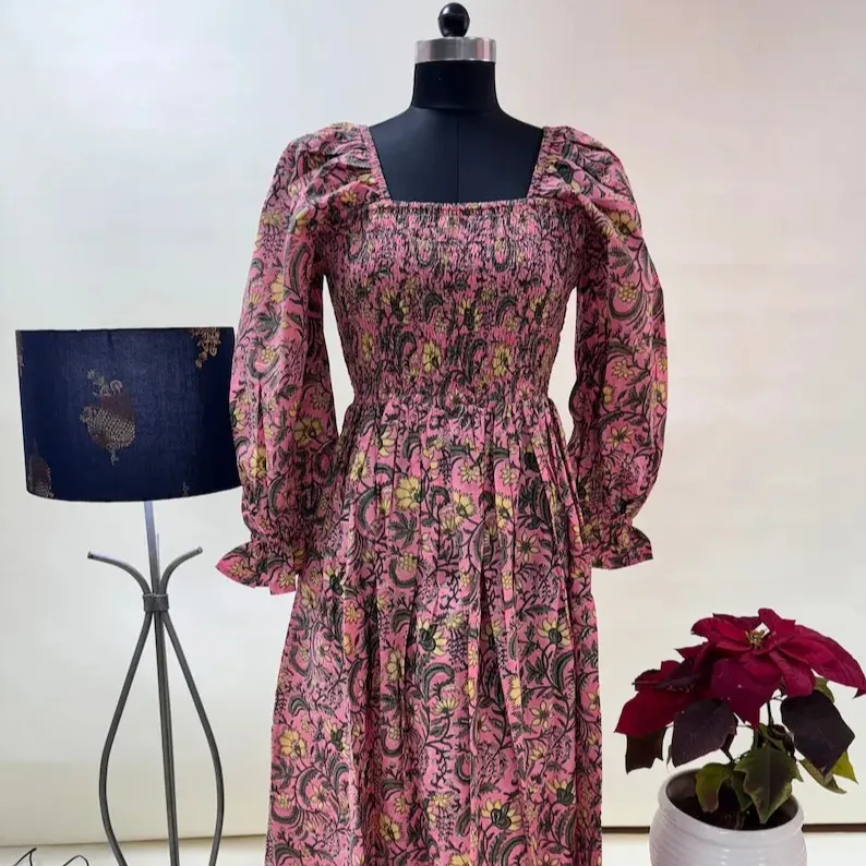 Abito rosa rubicondo con tasche vestito estivo indiano blocco stampato a mano abito da donna abbigliamento Comfort abbigliamento per l'estate