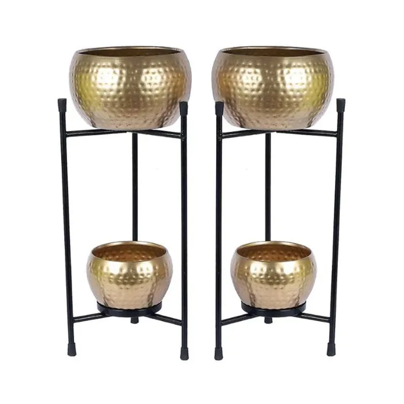 Set of 2 Double Layer Hammered Planter Apple Shape Black & Gold Colour For Adorn Your Space Indoor Outdoor With Stylish Elegance