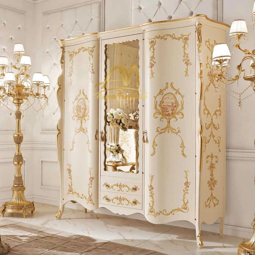 Luxurious gold bedroom sets made from solid wood with handmade carving