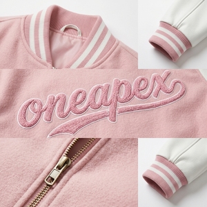 เสื้อแจ็คเก็ตผู้ชายสีชมพูผสมขนสัตว์ แขนหนังสีขาว ปักลายตามสั่ง ซิปแบบรูดขึ้น ผ้าถักแบบริบ สไตล์ลำลอง สตรีทแวร์ เสื้อคลุมขายส่ง รับผลิตแบบ OEM - Product Image 4