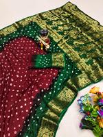 Nouveaux rideaux en soie Bandhej confortables de haute qualité avec bordure Kanchipuram jari élégant et joli sari
